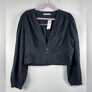 Abercrombie & Fitch Black Top Linen Plunge Cutwork Eyelet NWT Boho Cottagecore L